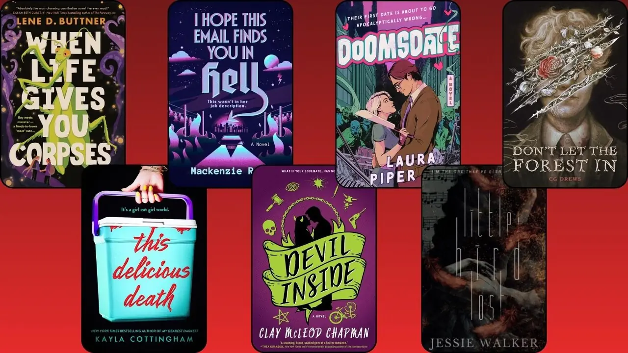 Siete portadas de libros de romance están sobre un fondo rojo degradado Siete portadas de libros de romance están sobre un fondo rojo degradado
