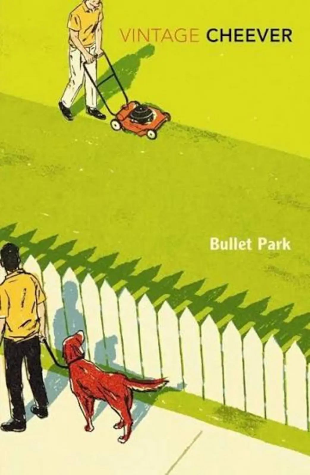 غلاف كتاب Bullet Park، رجال على جانبي سياج الضواحي