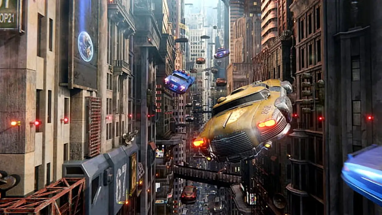 Coches futuristas vuelan entre rascacielos en El quinto elemento de Luc Besson