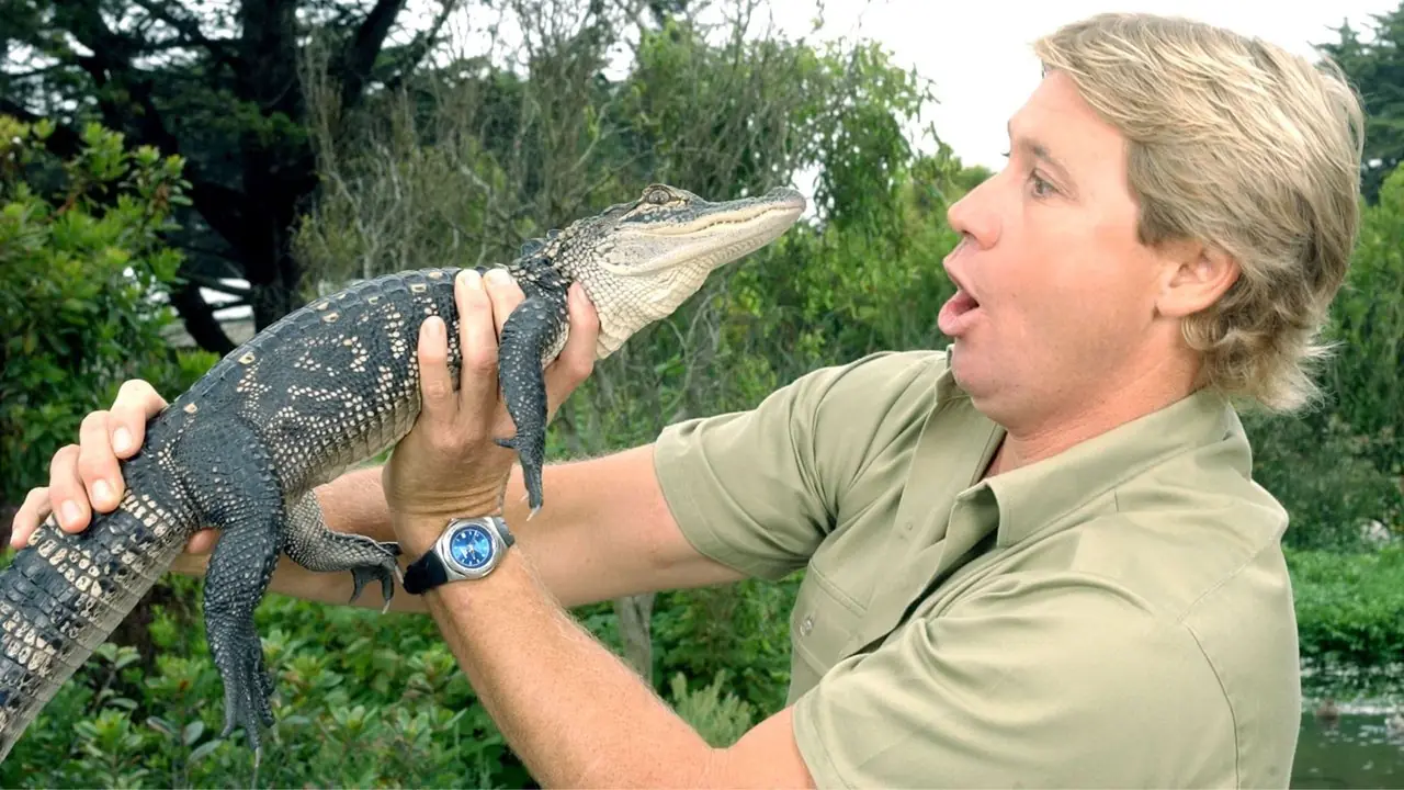 Steve Irwin sosteniendo un cocodrilo