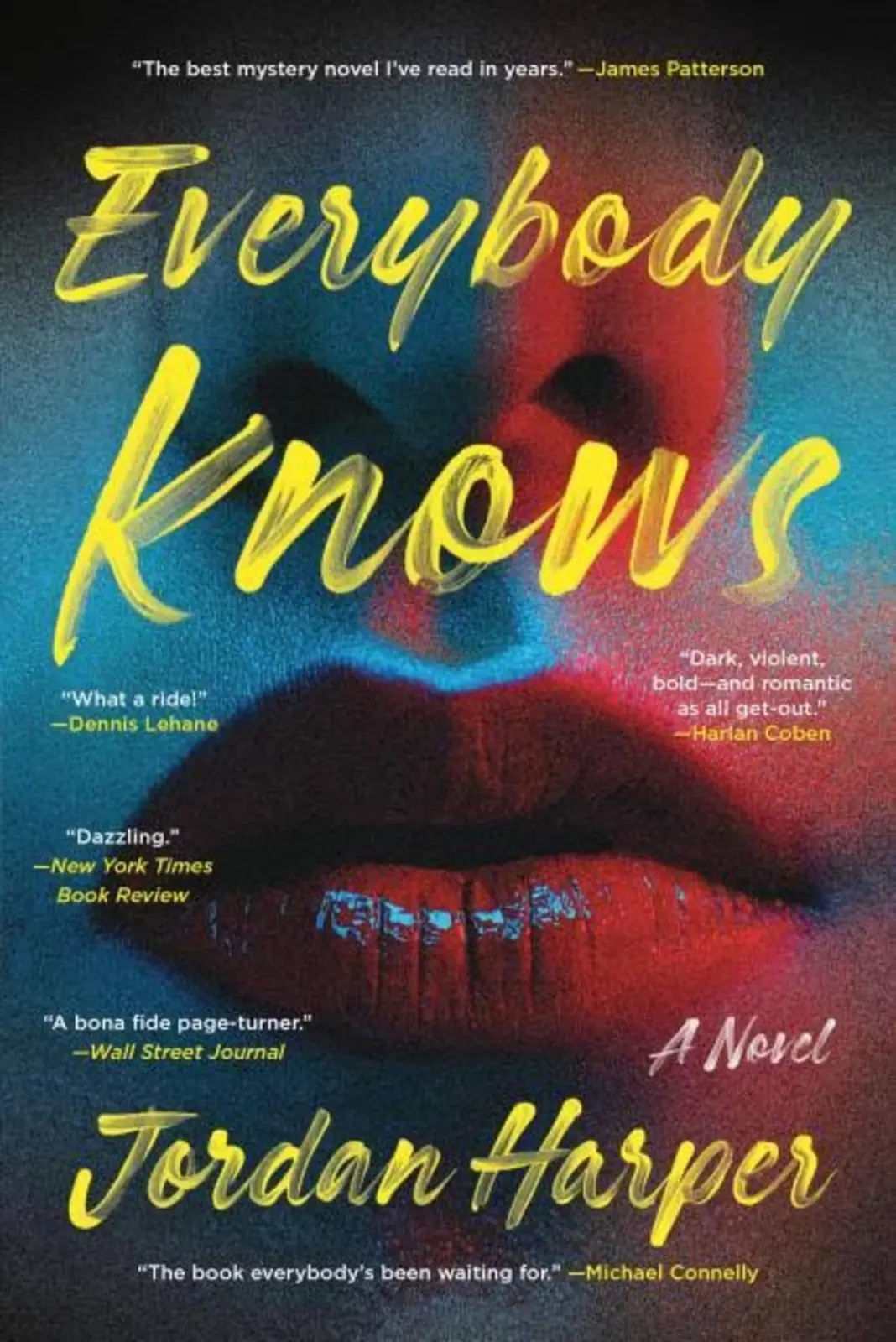 Portada del libro Todo el mundo lo sabe, anuncios publicitarios sobre un par de labios