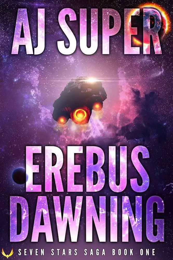 Omslaget til Erebus Dawning av AJ Super viser et romskip som flyr inn i lilla skyer Omslaget til Erebus Dawning av AJ Super viser et romskip som flyr inn i lilla skyer