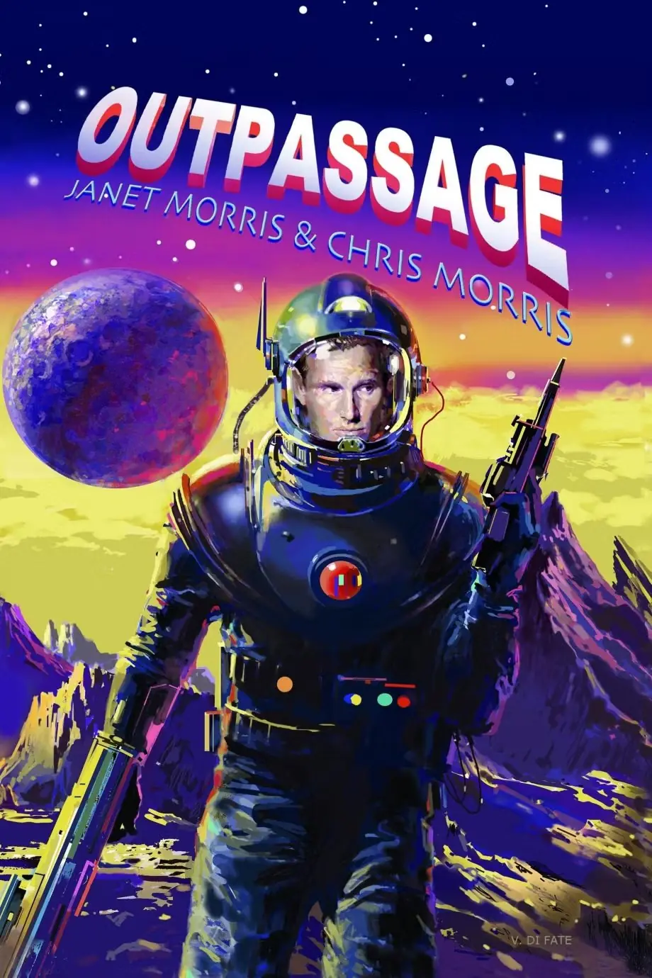 Janet Morris ve Chris Morris'in yazdığı Outpassage'in kapağı, dağların ve ayın önünde uzay giysisi giymiş bir adamı gösteriyor.
