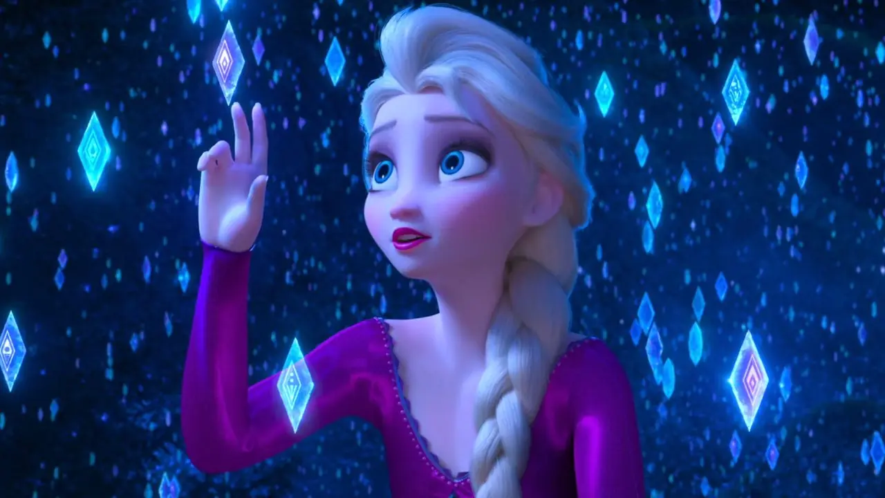 Elsa touche des fractales de diamants ressemblant à de la neige tombant du ciel dans Frozen II Elsa touche des fractales de diamants ressemblant à de la neige tombant du ciel dans Frozen II