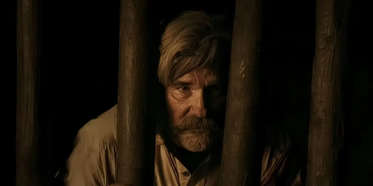 Kurt Russell mirando a través de barras de madera en Bone Tomahawk
