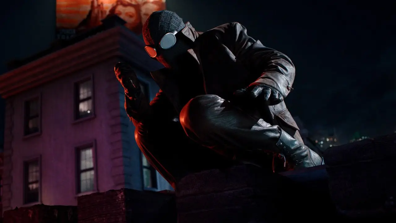Spider-Noir s'accroupit au sommet d'un immeuble regardant vers le bas dans Spider-Noir de Prime Video Spider-Noir s'accroupit au sommet d'un immeuble regardant vers le bas dans Spider-Noir de Prime Video