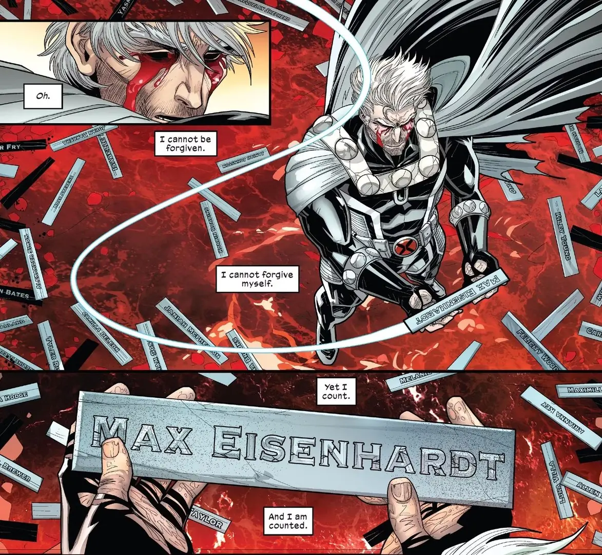 Magneto hält seinen eigenen Namen – Max Eisenhardt – in seinen Händen.