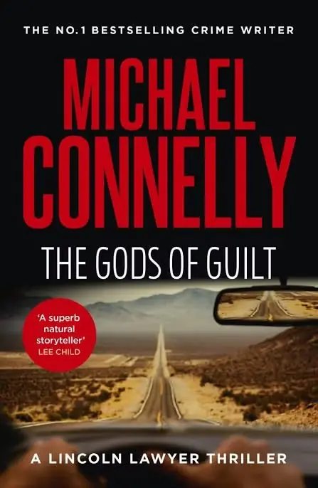 La portada del libro Gods of Guilt muestra a un conductor en una carretera desértica