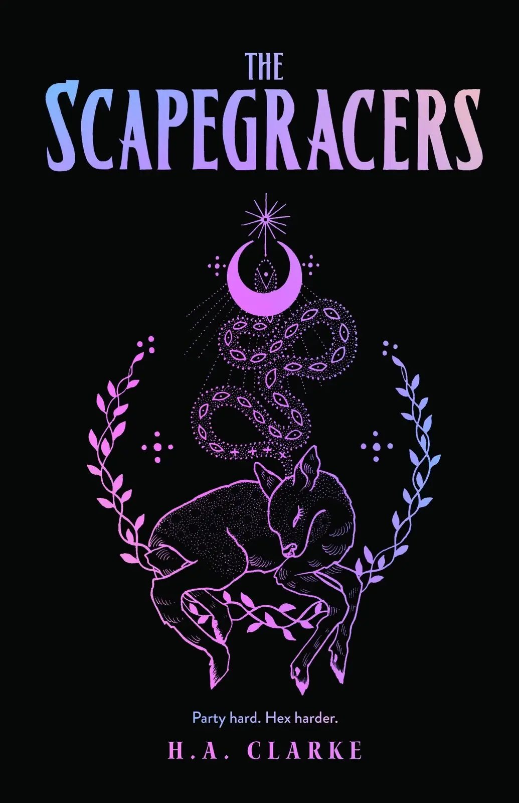 La couverture du livre Scapegracer montre du lierre, un cerf, un serpent, une lune et une étoile par ordre croissant.