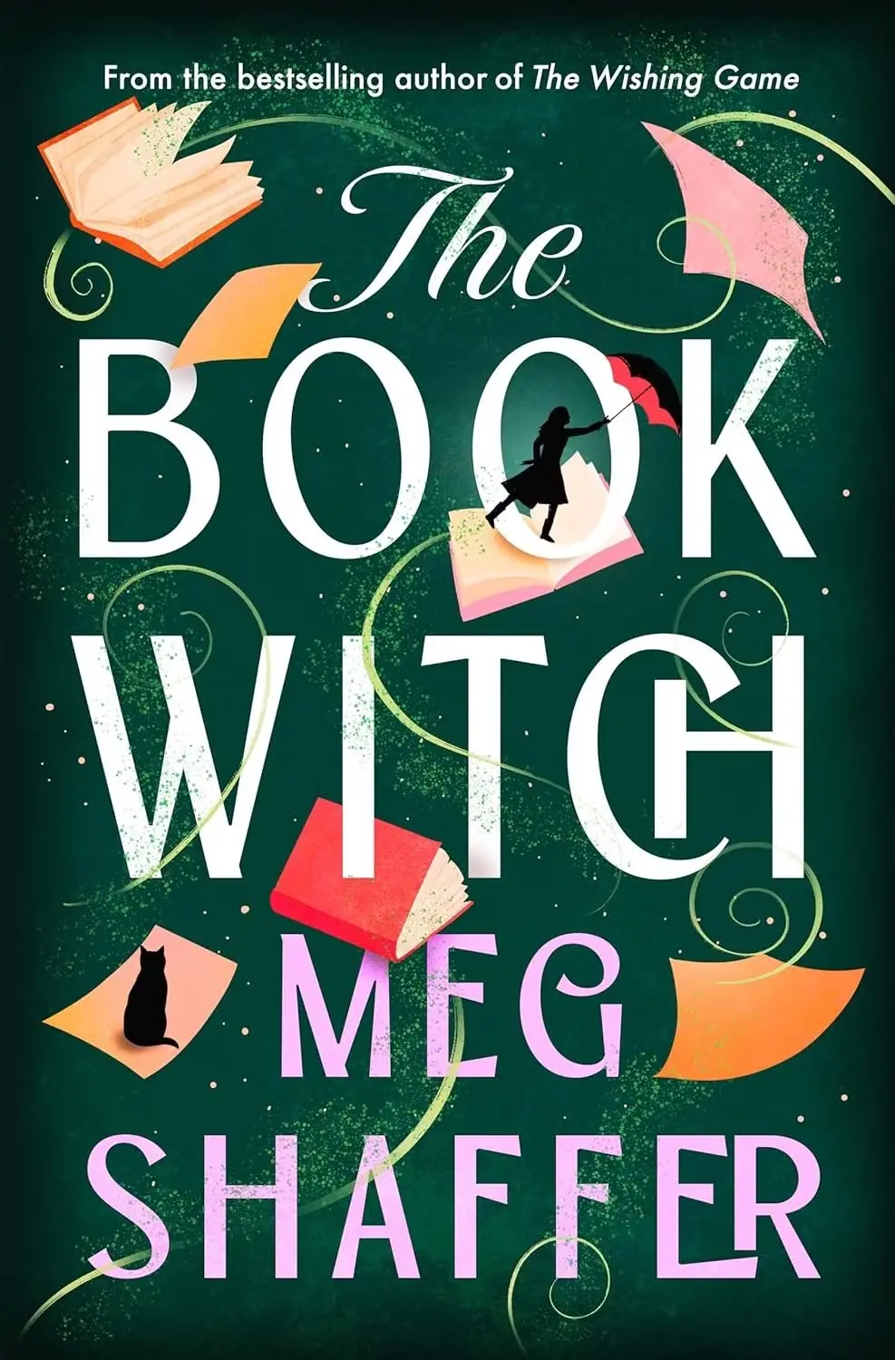 La couverture de Book Witch montre la silhouette d'une femme et d'un chat sur des livres.