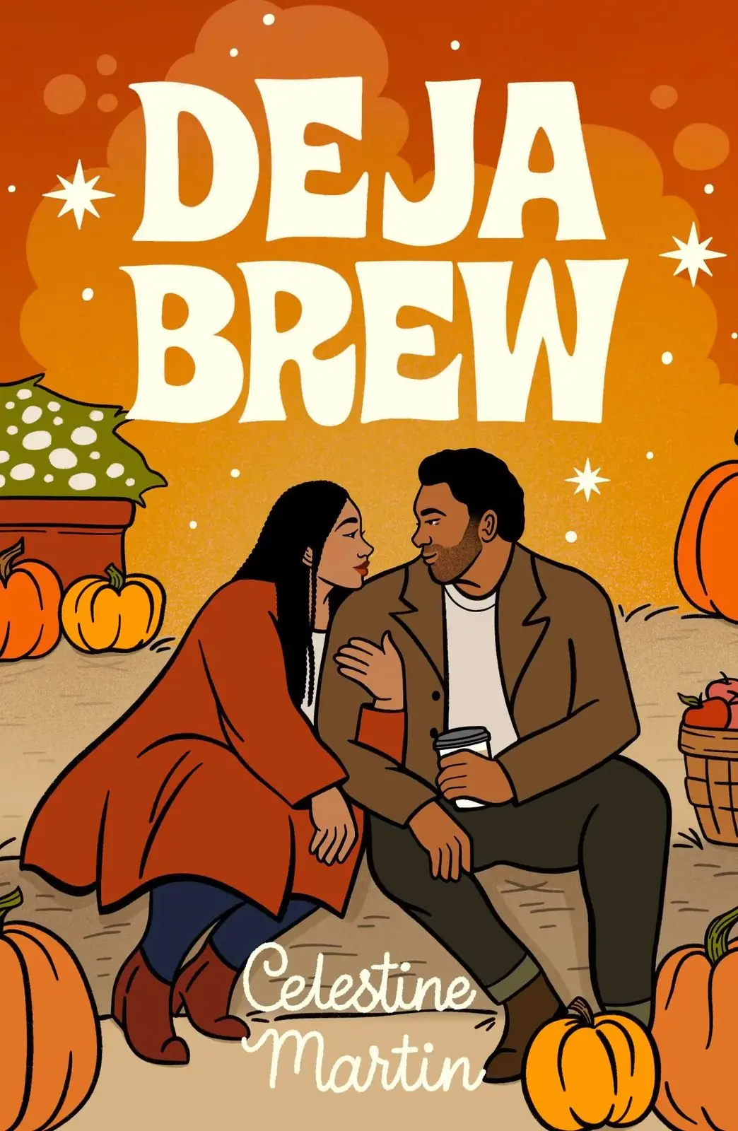 Deja Brew 的书封面展示了一个女人和一个男人依偎在南瓜地里 Deja Brew 的书封面展示了一个女人和一个男人依偎在南瓜地里
