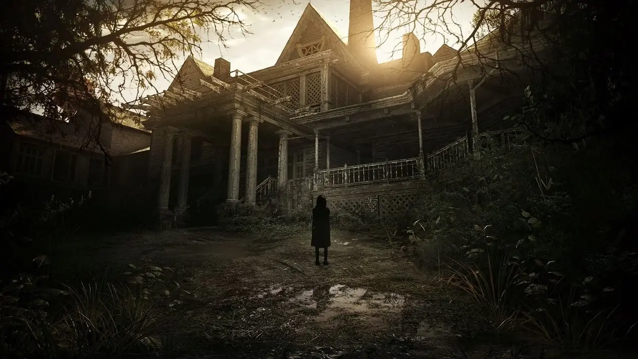 Resident Evil 7 Biohazard House, con Eveline parada en primer plano Resident Evil 7 Biohazard House, con Eveline parada en primer plano