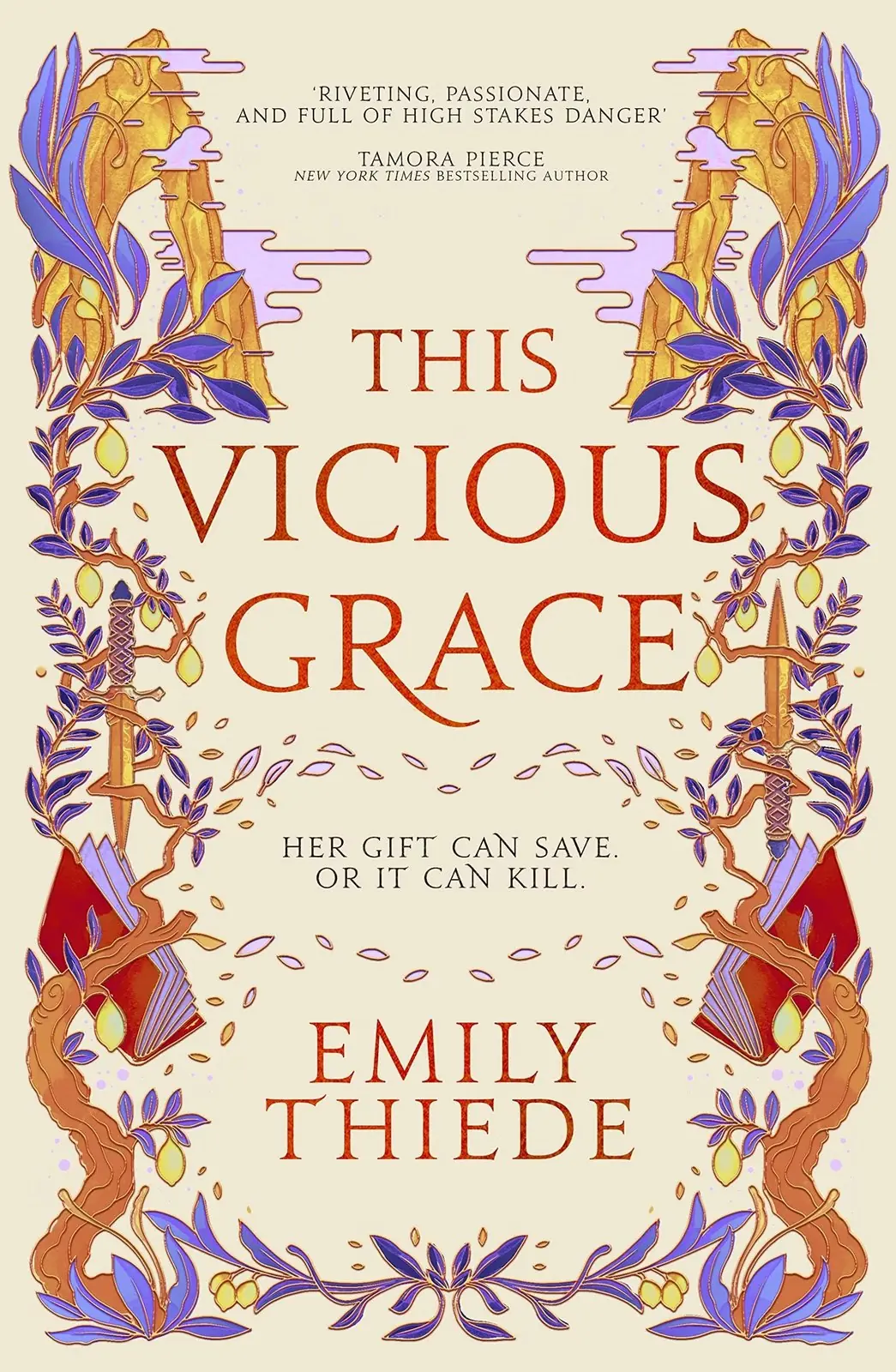 La portada del libro This Vicious Grace de Emily Thiede muestra árboles con hojas azules