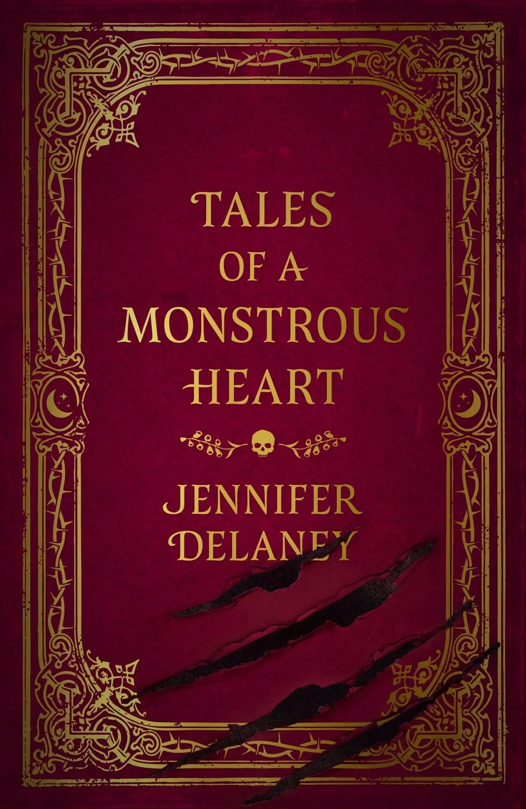 Jennifer Delaney의 Tales of a Monstrous Heart는 표지에 네 개의 슬래시 표시가 있는 금색 선세공을 쓰고 있습니다. Jennifer Delaney의 Tales of a Monstrous Heart는 표지에 네 개의 슬래시 표시가 있는 금색 선세공을 쓰고 있습니다.