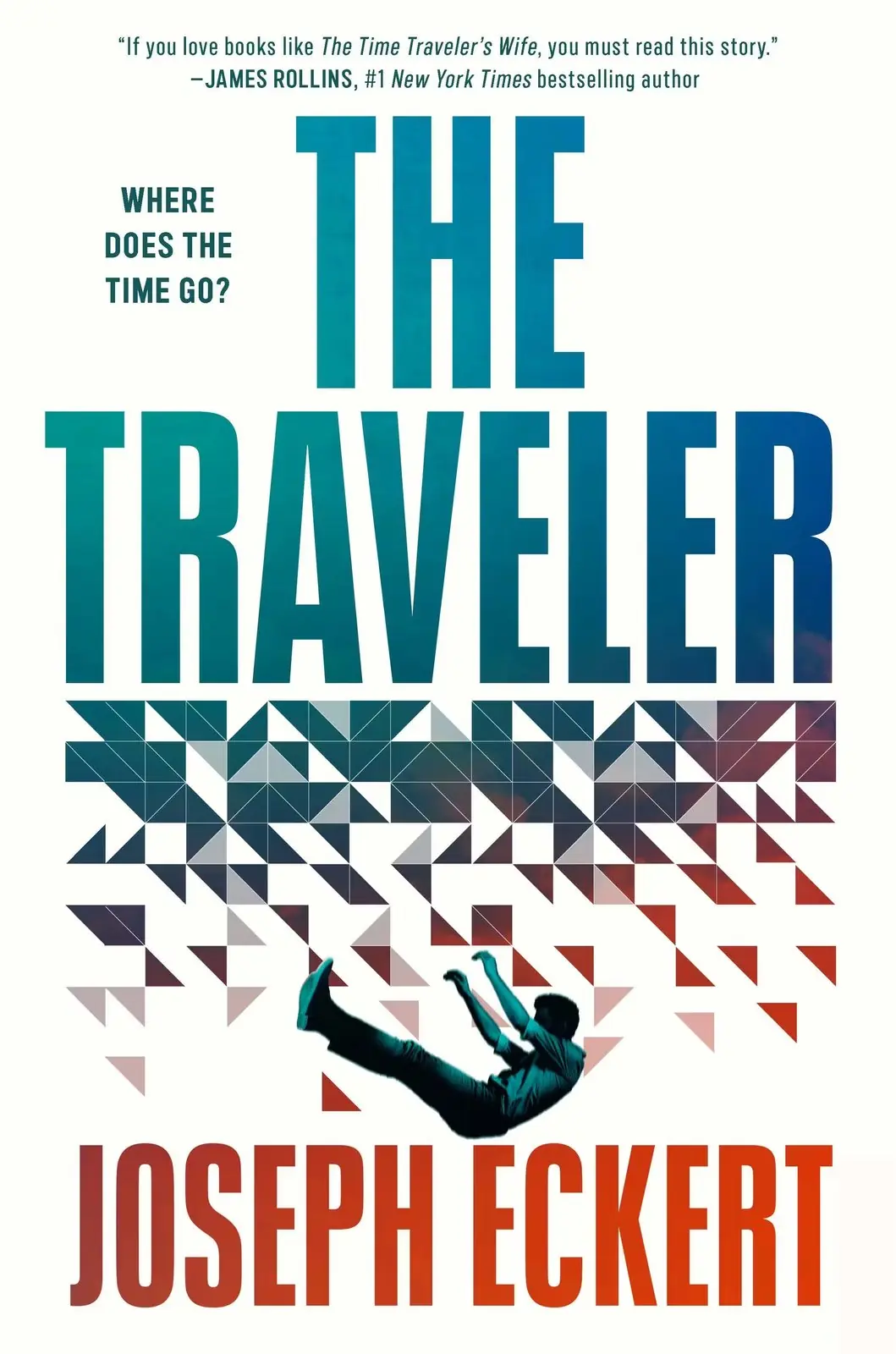 Forsiden til The Traveler av Joseph Eckert viser en mann som faller med en geometrisk design over seg Forsiden til The Traveler av Joseph Eckert viser en mann som faller med en geometrisk design over seg