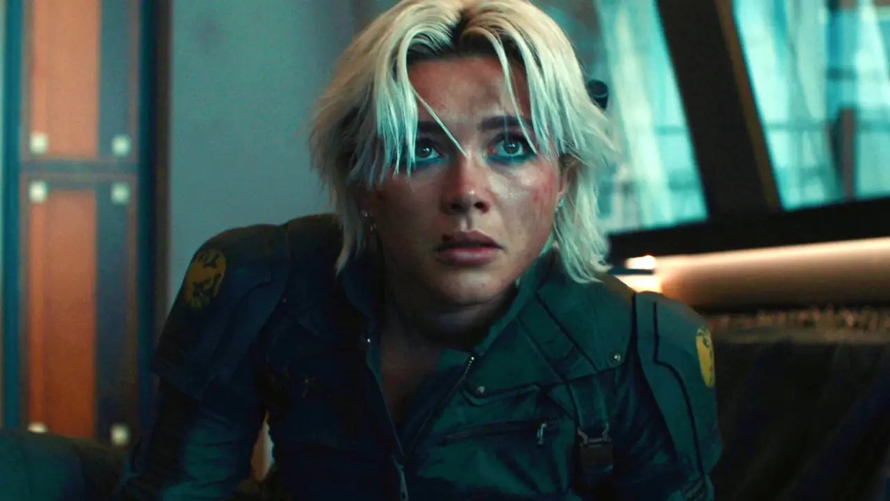 Thunderbolts*에서 걱정하는 Yelena Belova 역의 Florence Pugh Thunderbolts*에서 걱정하는 Yelena Belova 역의 Florence Pugh