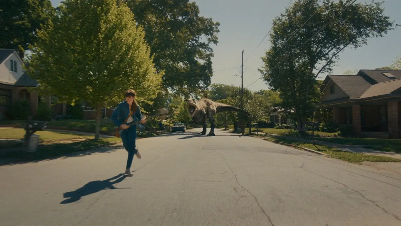 Anne Hathaway como Denise huyendo de un dinosaurio en una calle suburbana al final de Oak Street