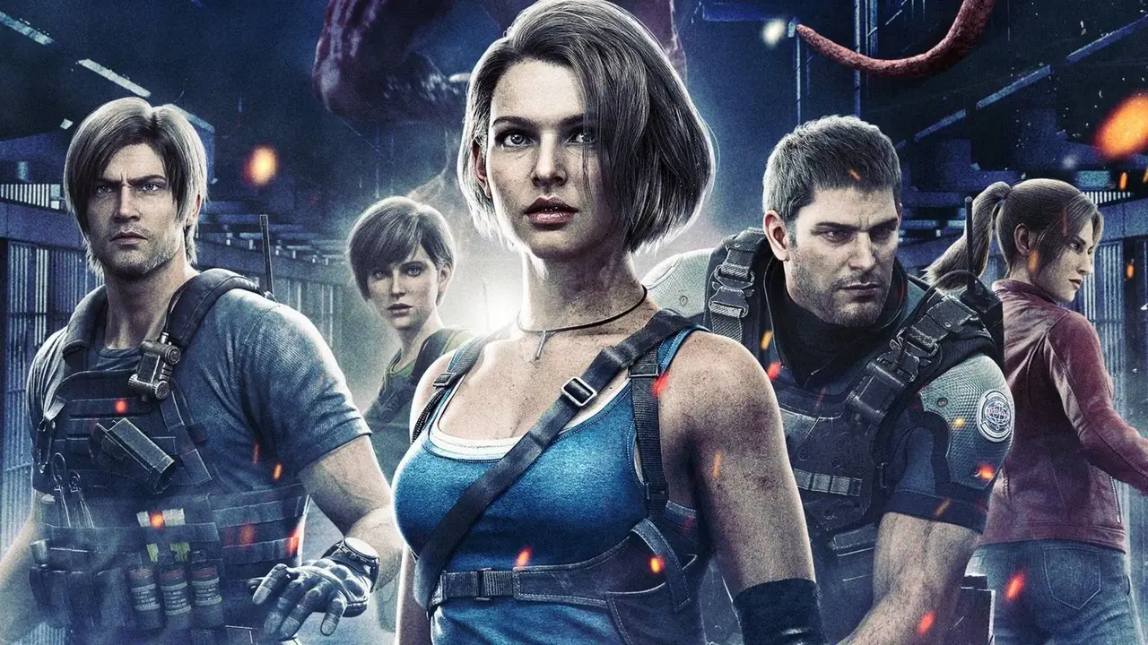 Jill Valnetine, de Resident Evil, fica de pé e olha fixamente para frente, enquanto Chris, Leon, Rebecca e Claire estão atrás dela. Jill Valnetine, de Resident Evil, fica de pé e olha fixamente para frente, enquanto Chris, Leon, Rebecca e Claire estão atrás dela.