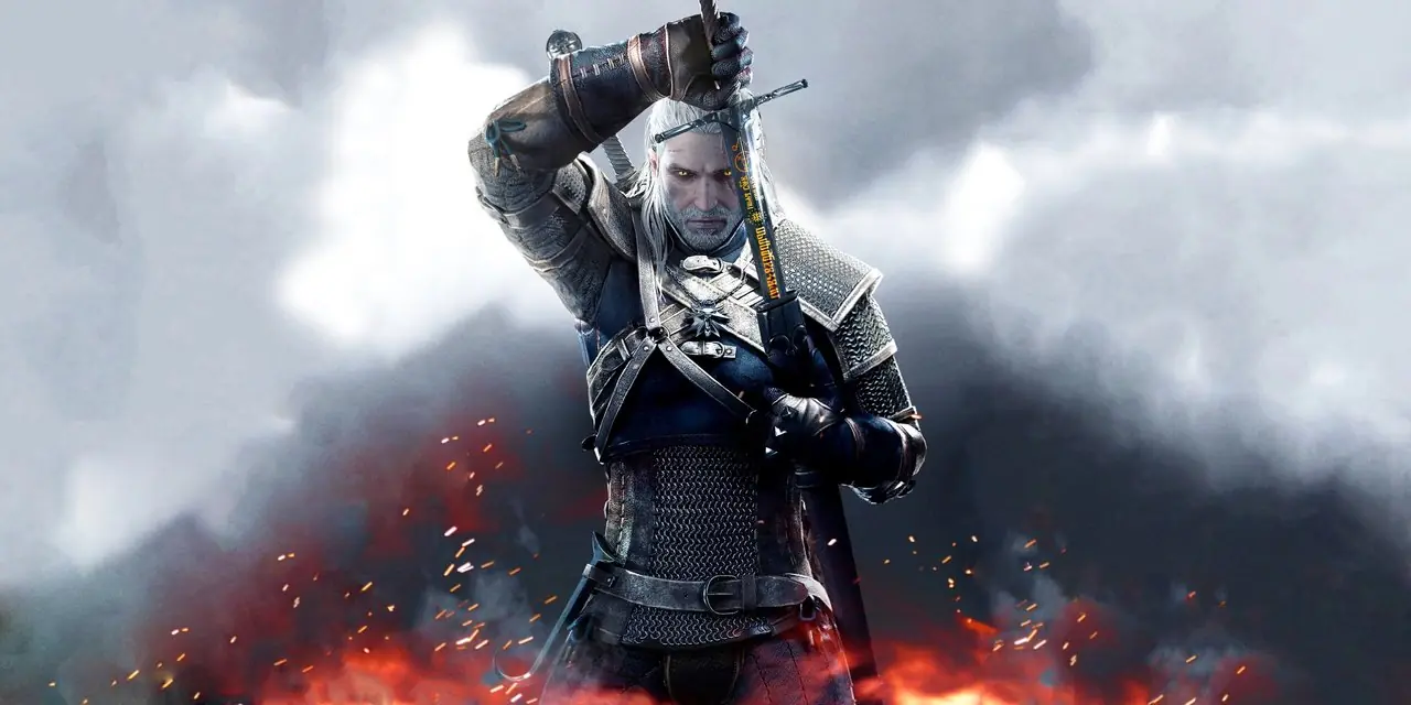 Geralt z Wiedźmina 3 wyciągając miecz z pochwy