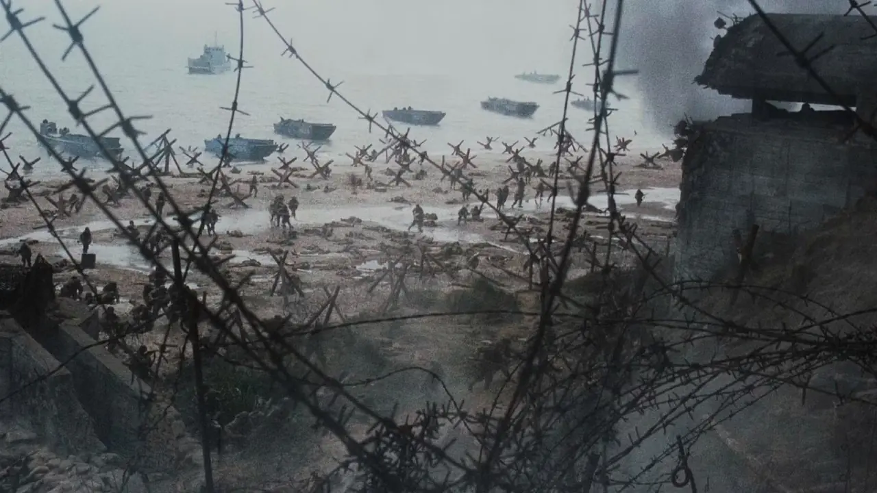 مشهد شاطئ D-Day في فيلم Saving Private Ryan. مشهد شاطئ D-Day في فيلم Saving Private Ryan.