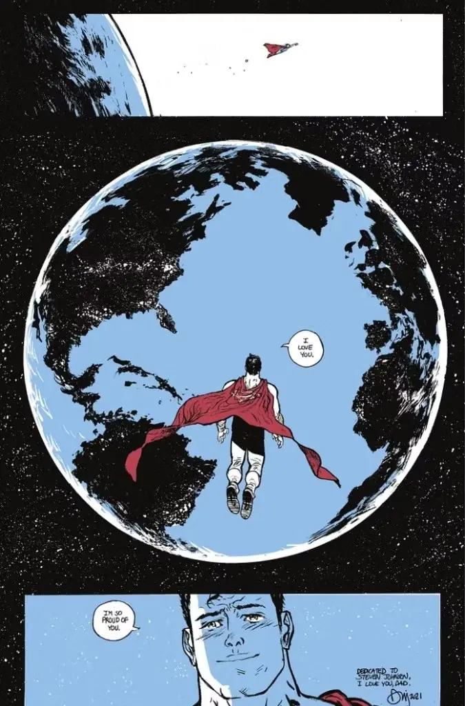 En side fra Superman Red & Blue Issue #5 som viser Superman som ser på jorden fra verdensrommet og sier: