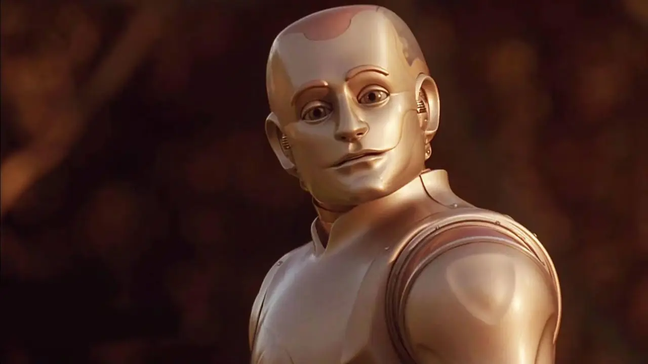 Robin Williams mira hacia la pantalla en Bicentennial Man