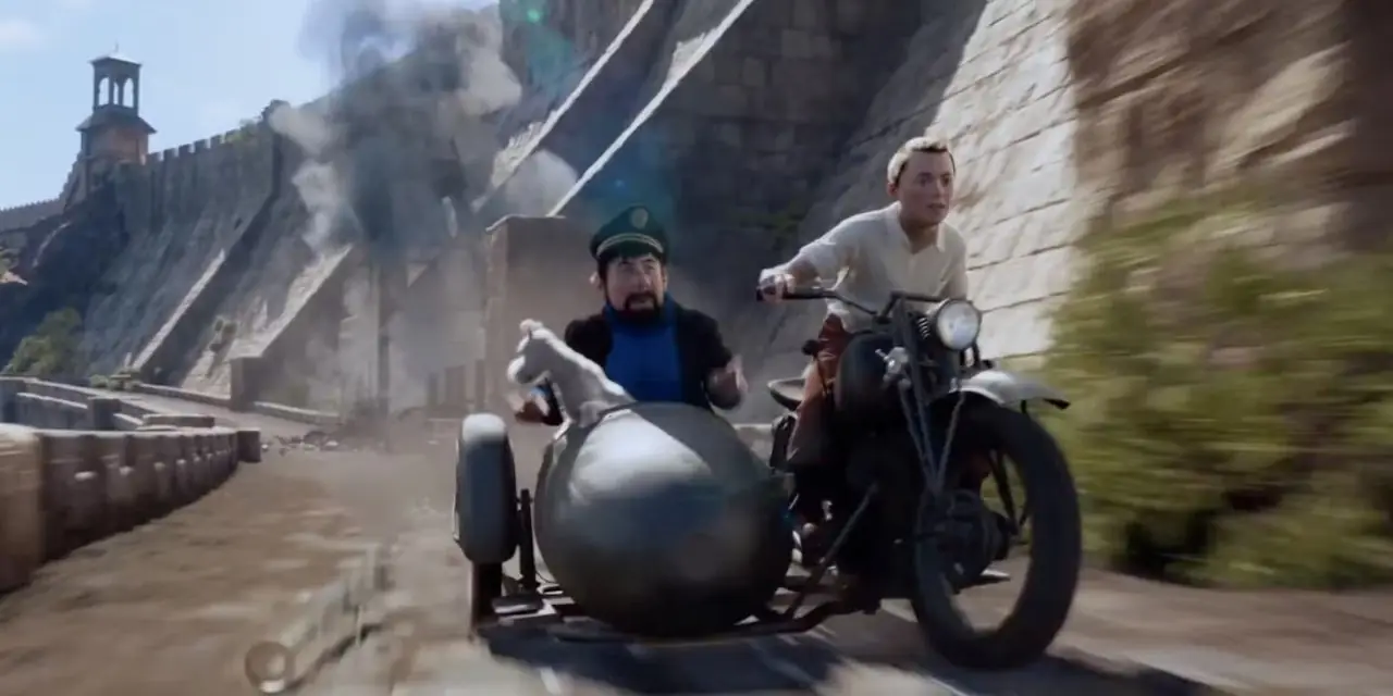 Tintín y el Capitán Haddock en moto y sidecar en Las aventuras de Tintín