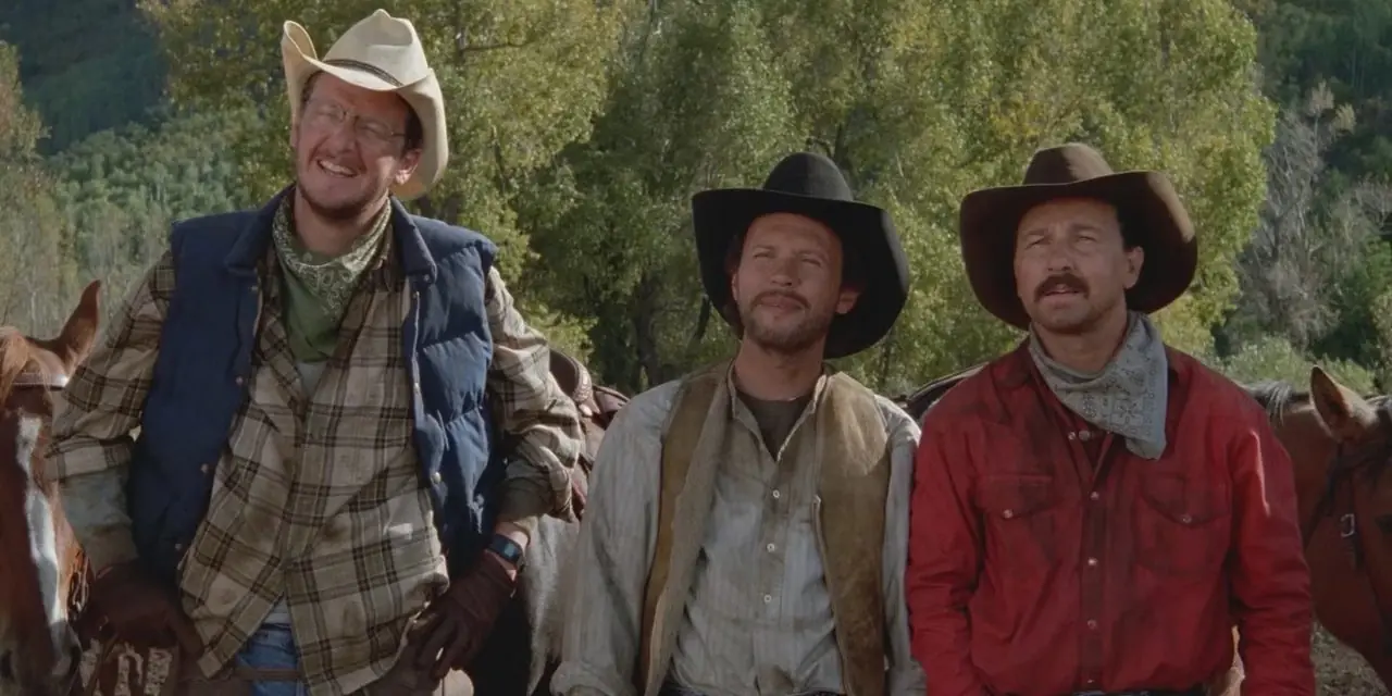 Daniel Stern, Bill Crystal i Bruno Kirby w kowbojskich strojach w City Slickers