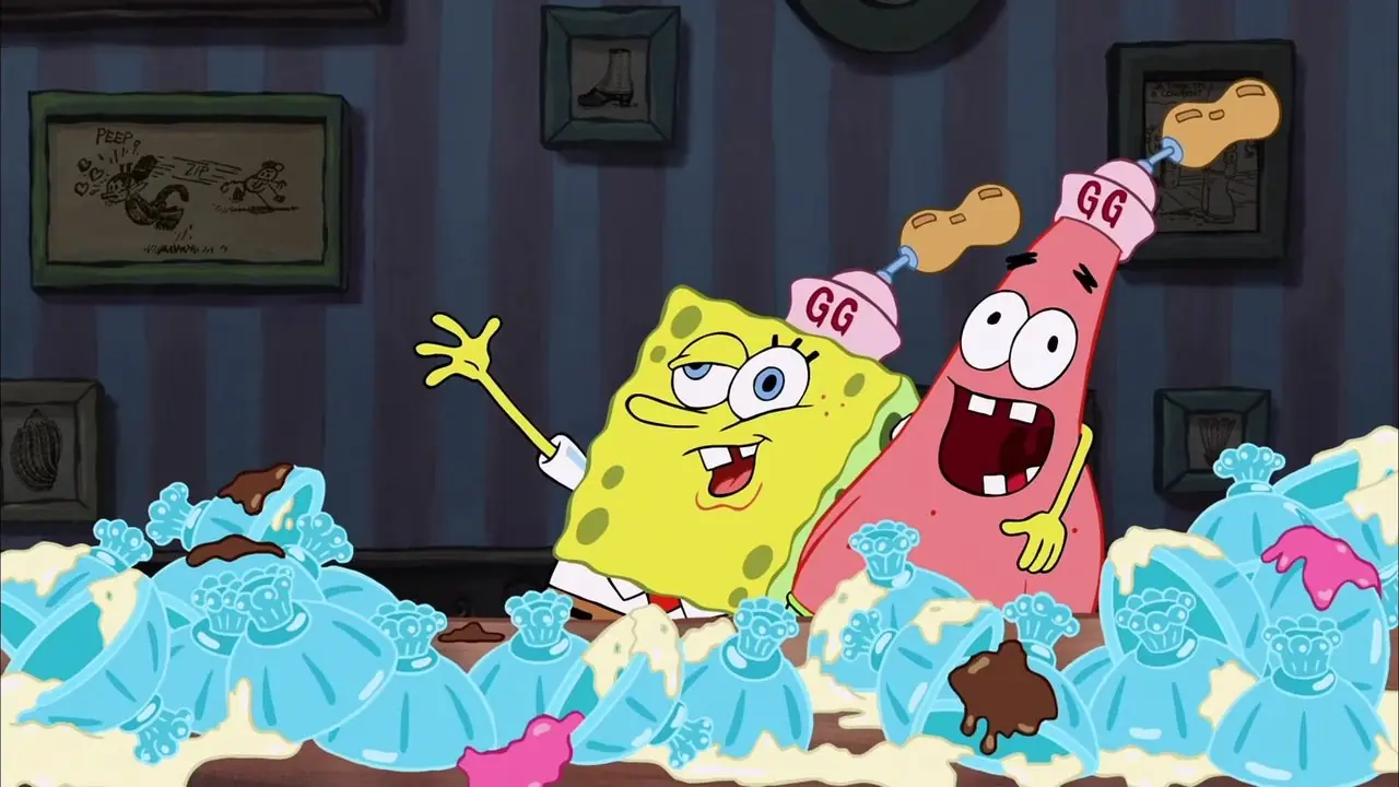 Sünger Bob ve Patrick, Sünger Bob Kare Pantolon Filminde Goofy Boober tezgahında boş dondurma kaseleriyle çevrili olarak oturuyorlar