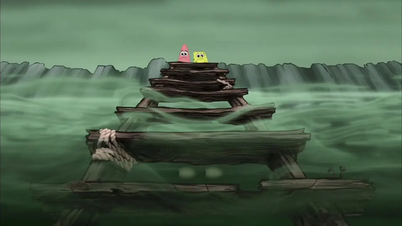 Sünger Bob ve Patrick, Sünger Bob Kare Pantolon Filmi'nde (2004) korkuyla merdivenden aşağıya, okyanus çukuruna bakıyorlar.
