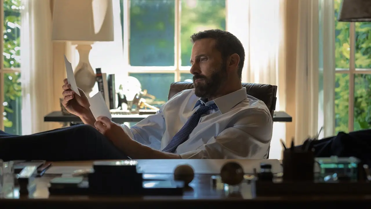 Ben Affleck ogląda zdjęcia przy swoim biurku w Zwierzętach