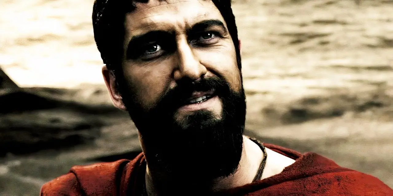 Gerard Butler como Leonidas hablando con alguien en 300 Gerard Butler como Leonidas hablando con alguien en 300