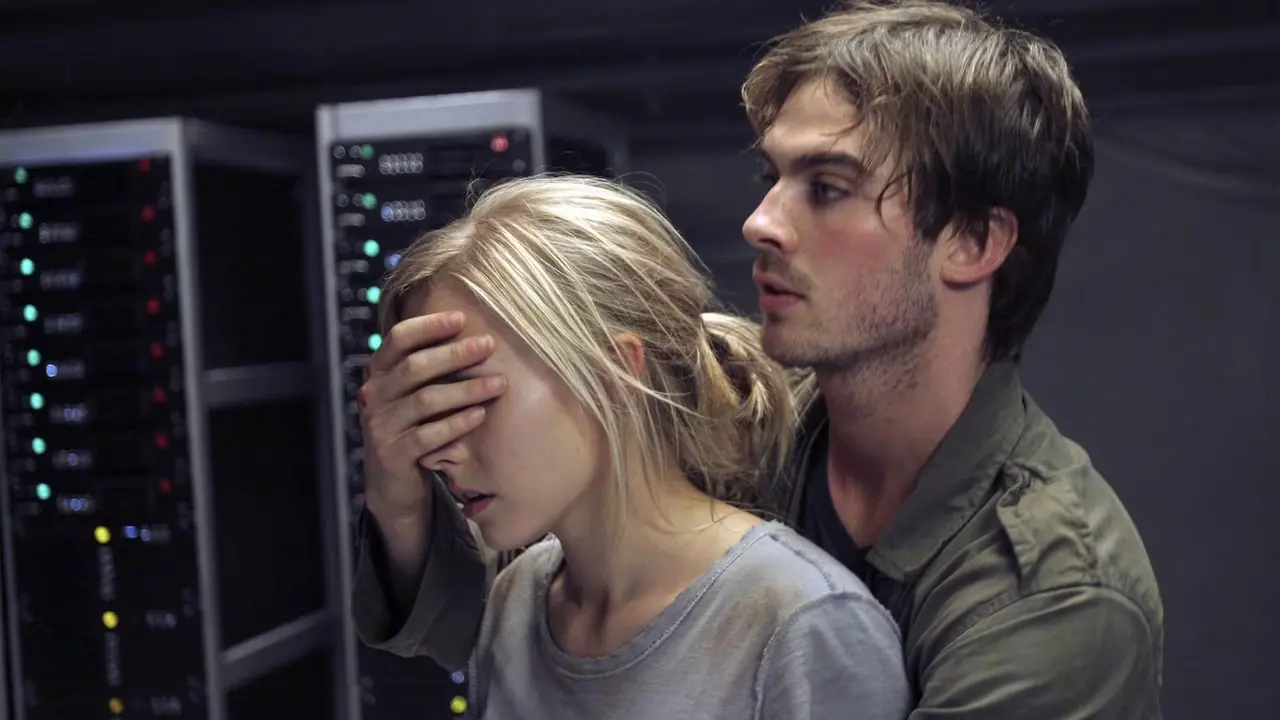 Ian Somerhalder cerrando los ojos a Kristen Bell en Pulse