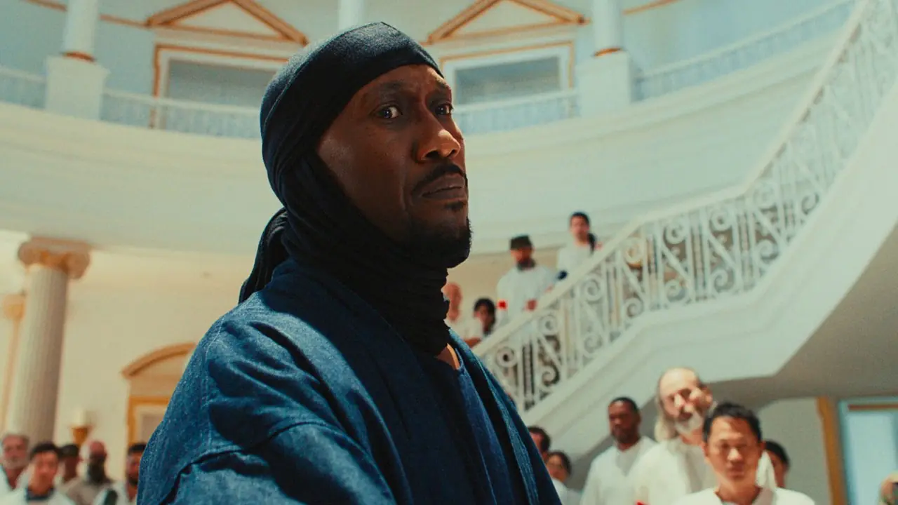 Mahershala Ali vestita di nero circondata da persone vestite di bianco in Your Mother Your Mother Your Mother