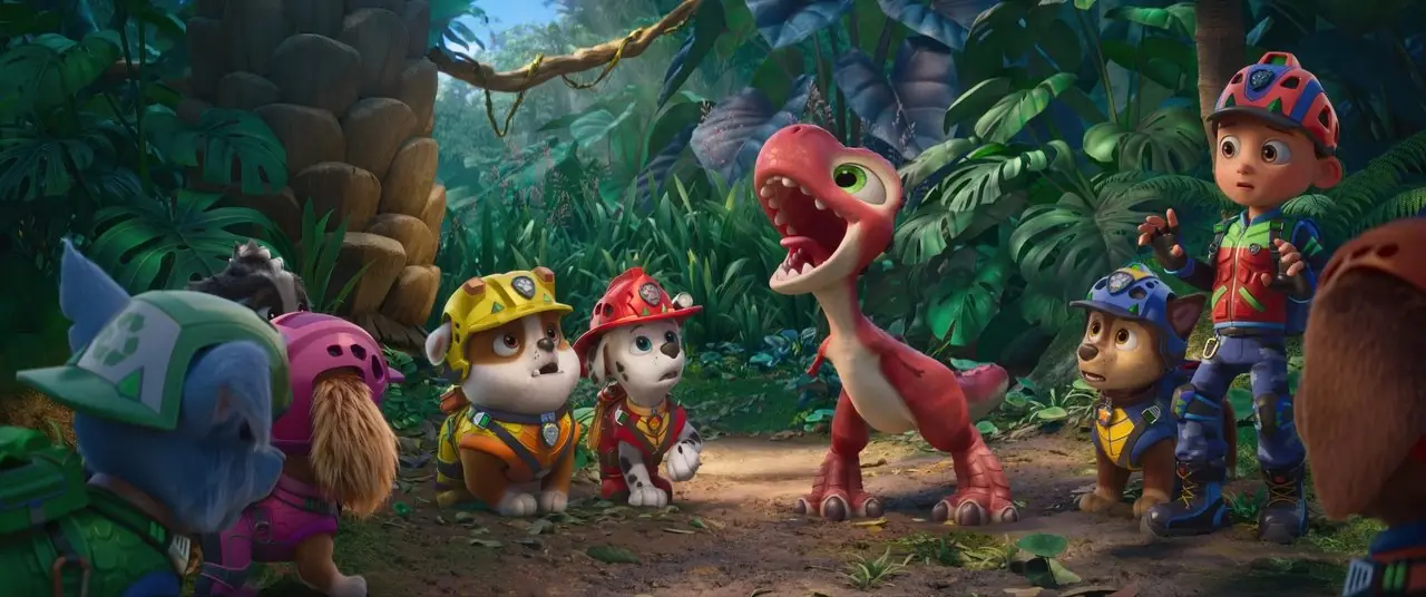 PAW PATROL: THE DINO MOVIE, från vänster: Rocky (röst: William Desrosiers), Skye (röst: Mckenna Grace), Rubble (röst: Lucien Duncan-Reid), Rabarber, Marshall (röst: Carter Young), Chase (röst: Rain Janjua), Ryder (röst: Picture6: Henry Bolan), 20