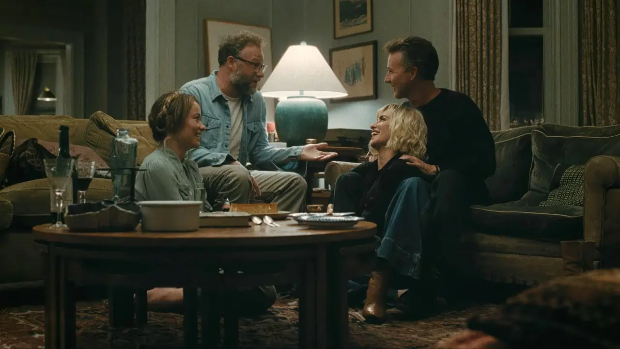 Olivia Wilde, Seth Rogen, Penelope Cruz en Edward Norton zitten dicht bij elkaar op een bank in een woonkamer en praten