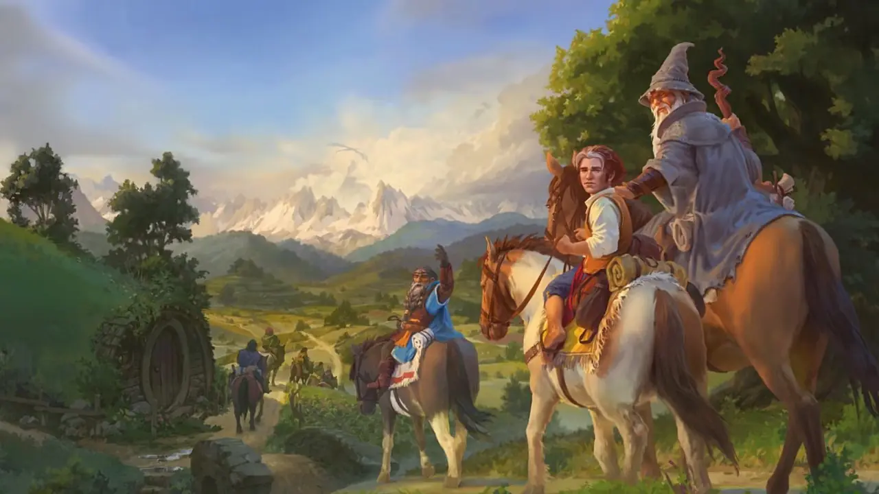 Frodo, Gandalf e i Nani lasciano la Contea nell'illustrazione del set Lo Hobbit Magic: The Gathering.