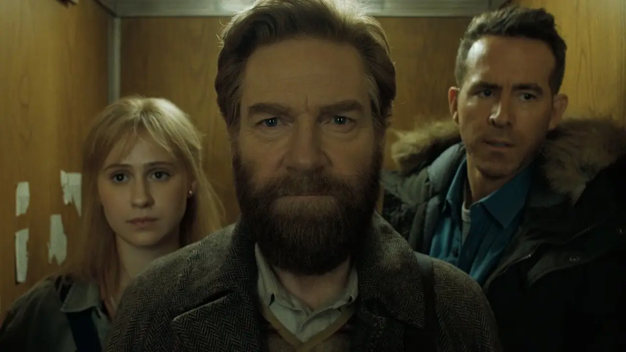 Kenneth Branagh, Maria Bakalova och Ryan Reynolds står i Mayday