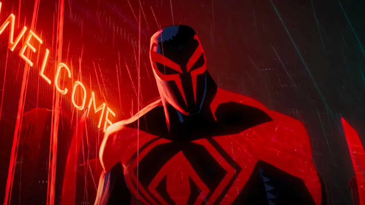 Spider-Man 2099 De pie bajo la lluvia en Spider-Man Across the Spider-Verse