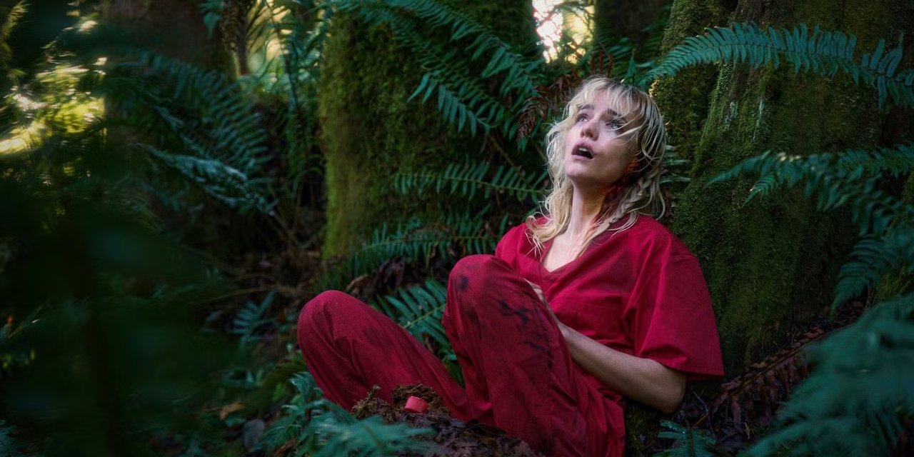 Willa Fitzgerald als die Dame, die in Strange Darling verzweifelt an einen Baum gelehnt aussieht