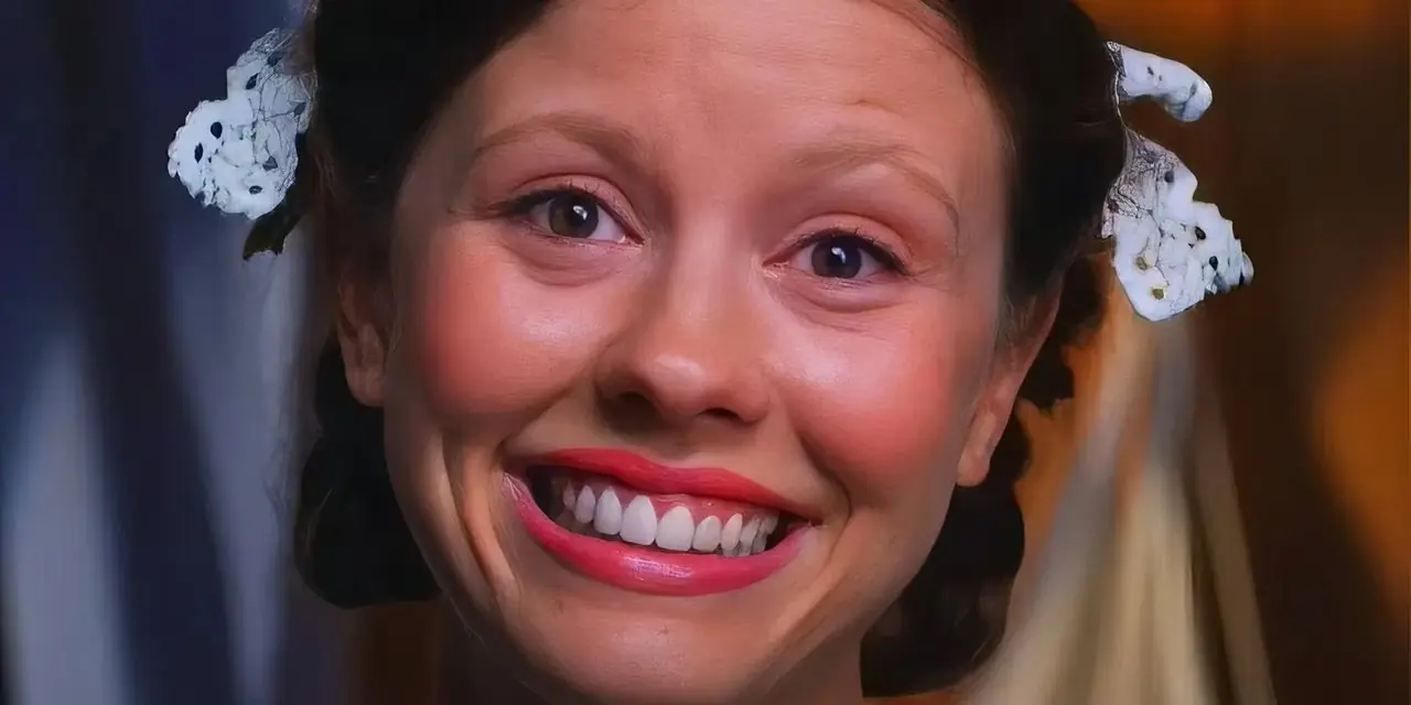 Mia Goth en Pearl sonriendo grandemente ante algo. Mia Goth en Pearl sonriendo grandemente ante algo.