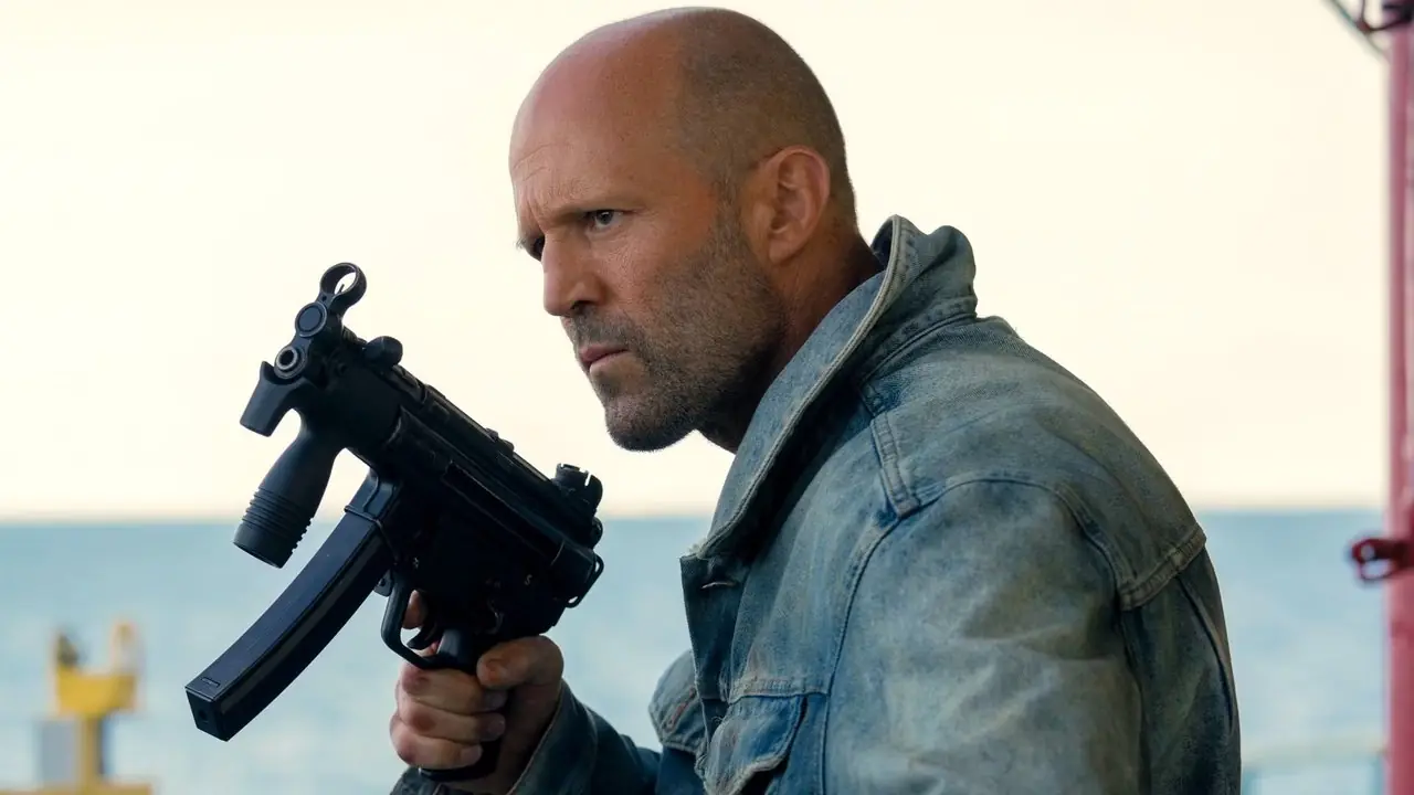 Jason Statham håller en pistol i Myteri