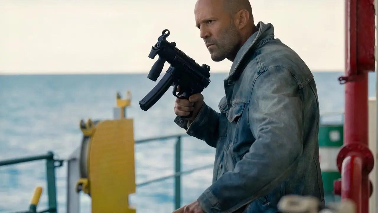 Jason Statham als Cole mit einer MP5-Maschinenpistole in Mutiny (2026)