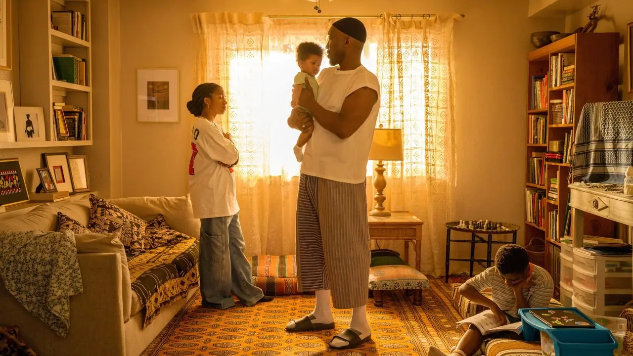 Latif e seus três filhos em uma sala iluminada em amarelo em Your Mother Your Mother Your Mother