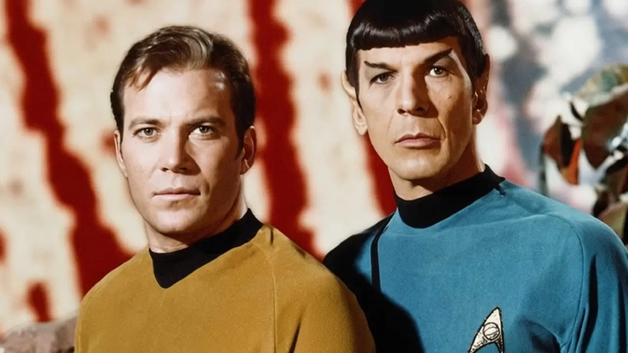 Kirk y Spock de Star Trek están uno al lado del otro en la serie original Kirk y Spock de Star Trek están uno al lado del otro en la serie original