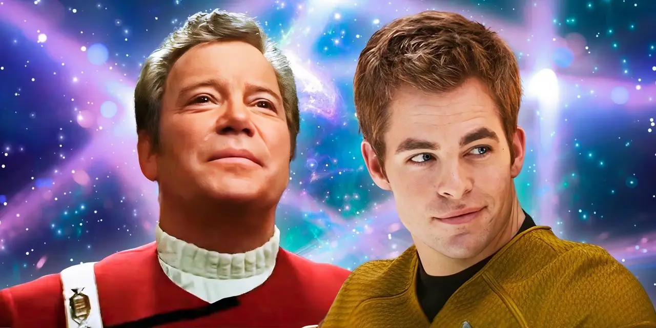 Kapitan Kirk (Chris Pine) na końcu Star Trek 2009 i Kapitan Kirk (Shatner) na początku Star Trek Generations
