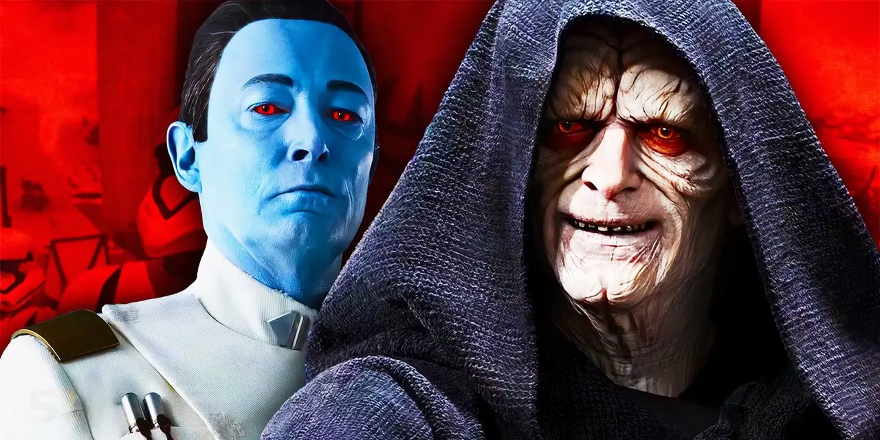 Keizer Palpatine met Sith-ogen die onder zijn kap naar rechts uitkijken en Grand Admiral Thrawn ernstig naar links kijkend voor een rood beeld met stormtroopers op de achtergrond