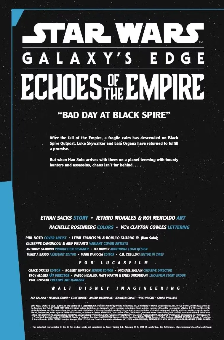 Páginas de créditos de Star Wars Galaxy's Edge Echoes of the Empire #4