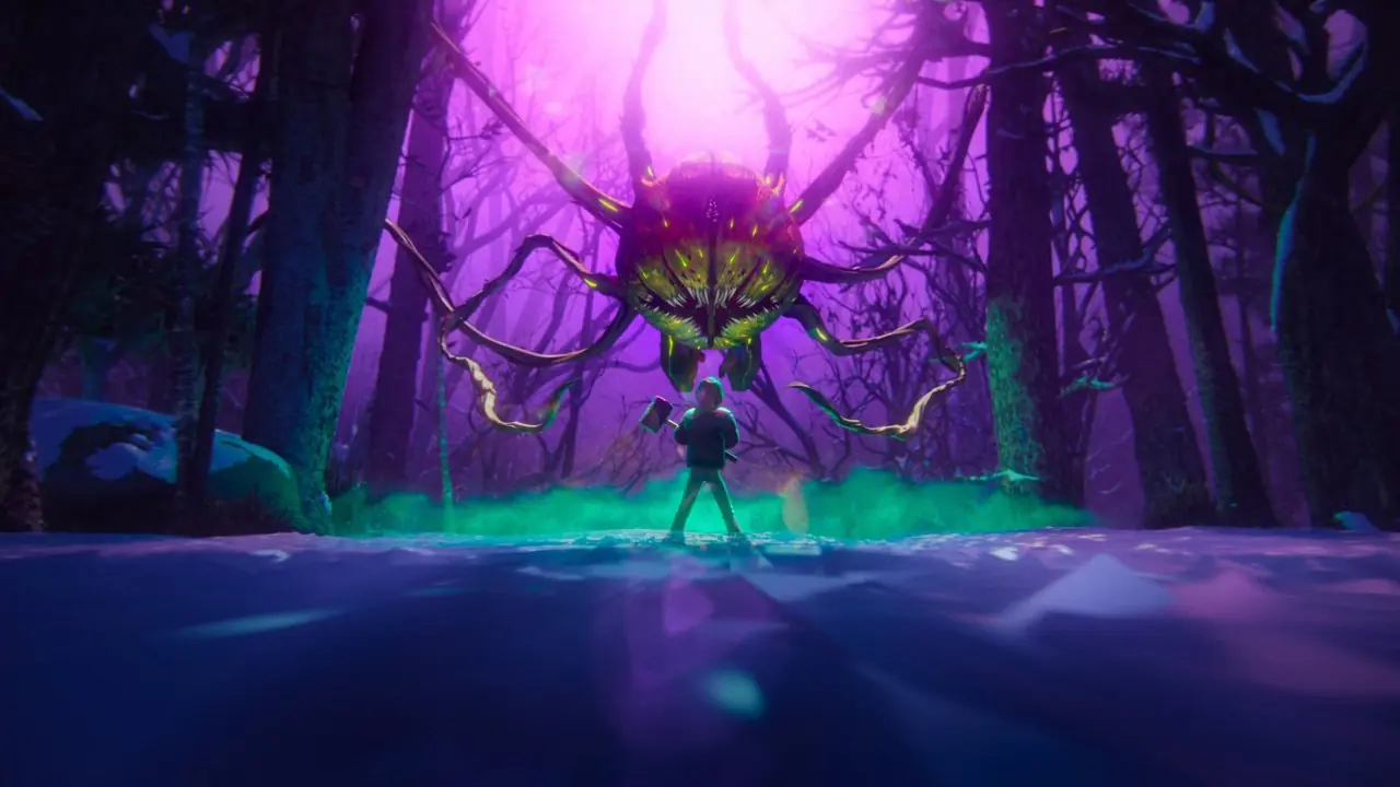 Will Byers neemt het op tegen een gigantisch monster in het bos in Stranger Things Tales uit 85 Will Byers neemt het op tegen een gigantisch monster in het bos in Stranger Things Tales uit 85
