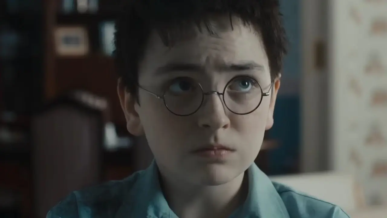 Dominic McLaughlin como Harry Potter luciendo triste y asustado en el tráiler de Harry Potter. Dominic McLaughlin como Harry Potter luciendo triste y asustado en el tráiler de Harry Potter.